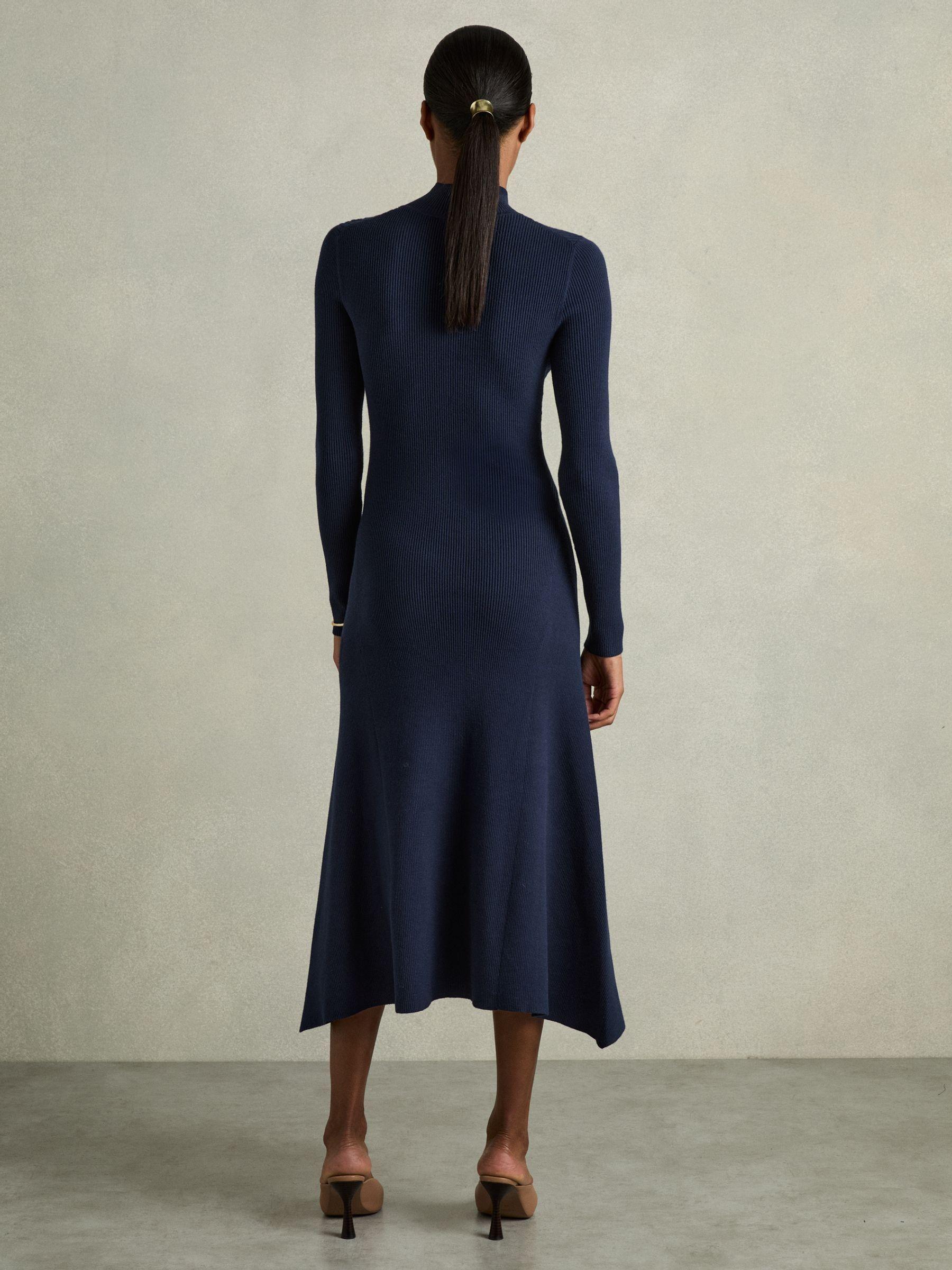 Round Neck Ribbed Midi Dress in Navy Product Image