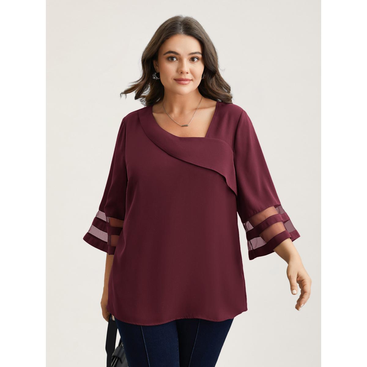 Plus Size Burgundy Sheer Sleeve Patchwork Asymmetrical Neckline Blouse Women At the Office Elbow-length sleeve Asymmetrical Neck Work Blouses BloomChic 18-20/2X Product Image