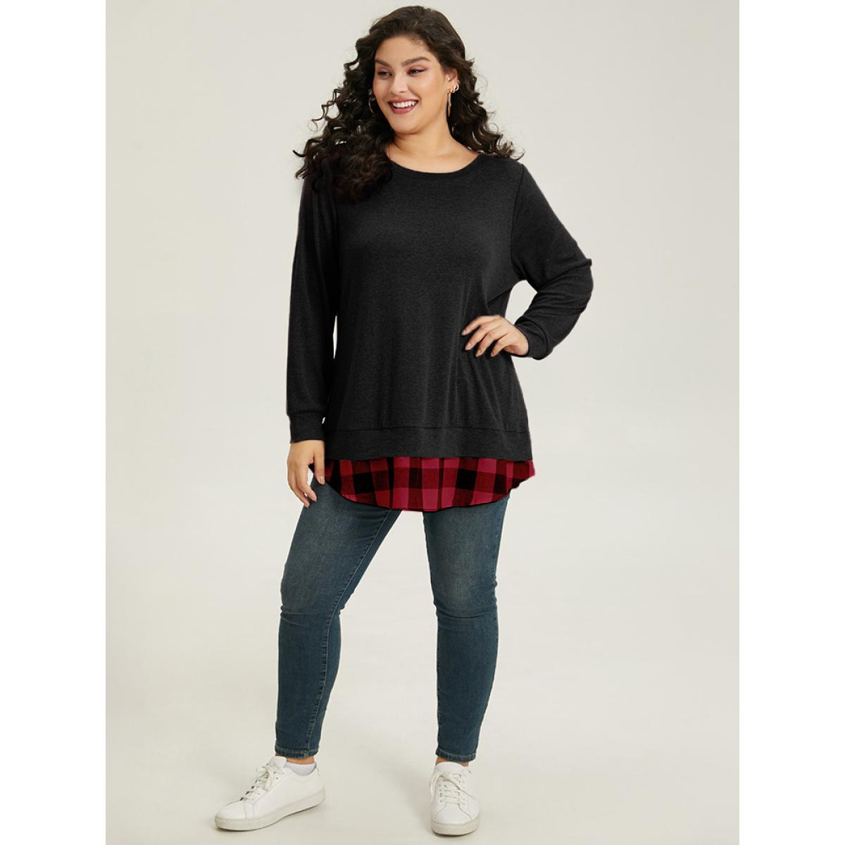 Plus Size Heather Plaid Patchwork Crew Neck T-shirt Black Women Leisure Heather Plaid Round Neck Casual T-shirts BloomChic 18-20/2X Product Image