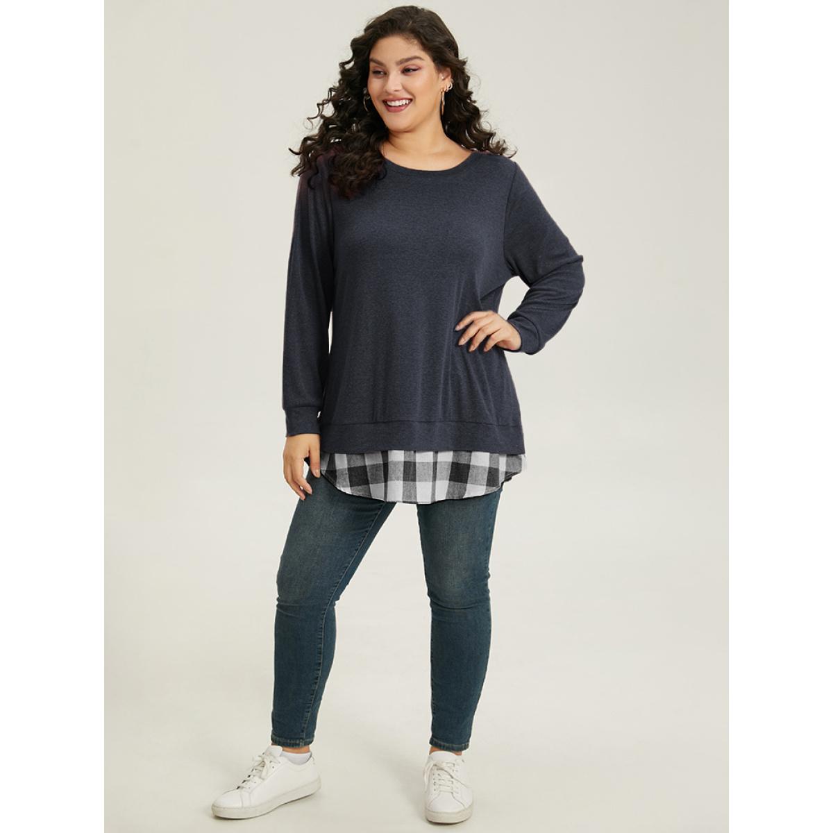 Plus Size Heather Plaid Patchwork Crew Neck T-shirt Midnight Women Casual Heather Plaid Round Neck Everyday T-shirts BloomChic 26/4X Product Image