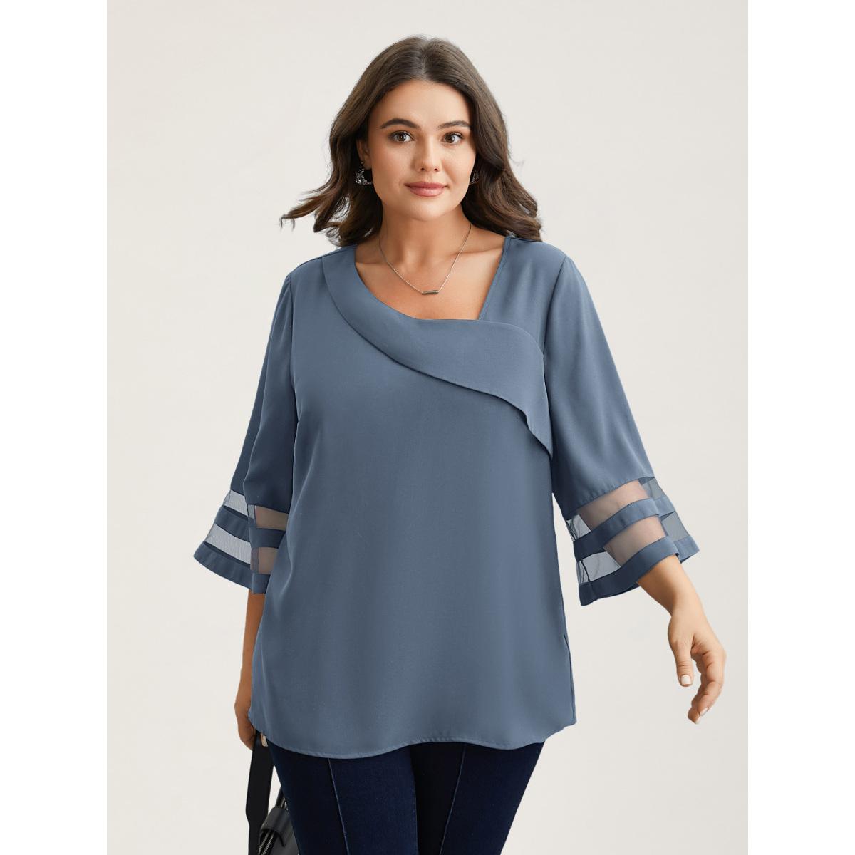Plus Size Browncoffeecolor Sheer Sleeve Patchwork Asymmetrical Neckline Blouse Women At the Office Elbow-length sleeve Asymmetrical Neck Work Blouses BloomChic 22-24/3X Product Image