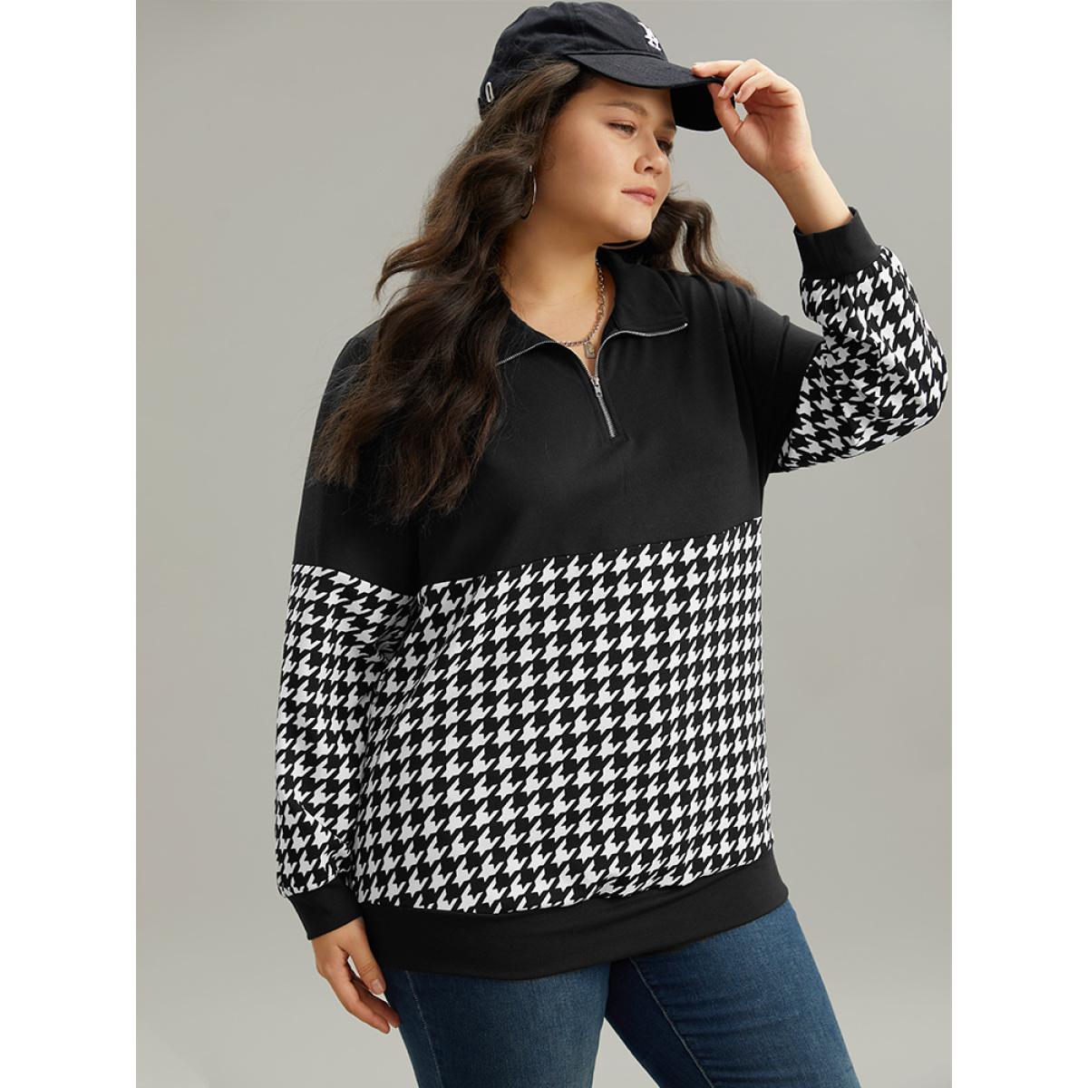 Plus Size Houndstooth Patchwork Half Zip Sweatshirt Women Black Casual Elastic cuffs Polo Dailywear Sweatshirts BloomChic 26/4X Product Image