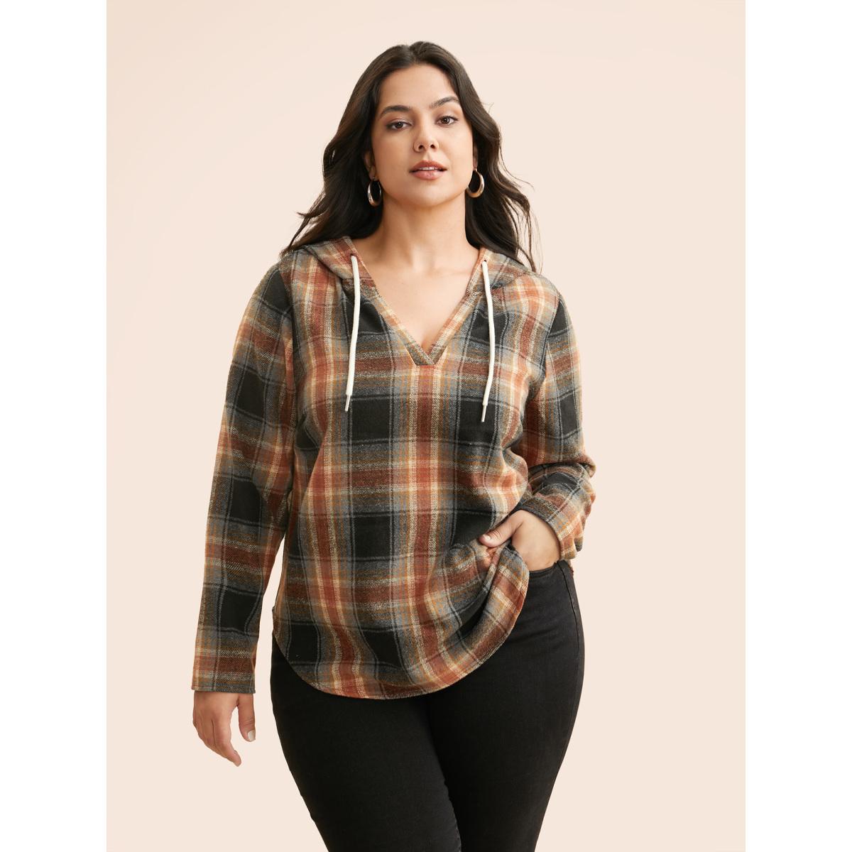 Plus Size Brushed Fabric Plaid Hooded Sweatshirt Women Black Casual Drawstring Hooded Everyday Sweatshirts BloomChic 22-24/3X Product Image