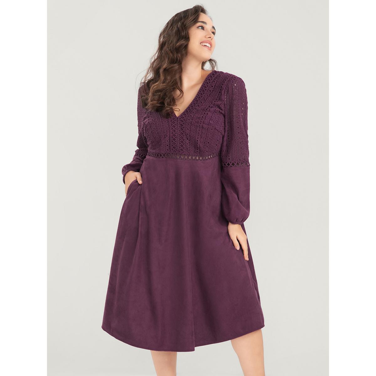 Plus Size Solid Lantern Sleeve Pocket Crochet Lace Dress Burgundy Women Elegant Patchwork V-neck Long Sleeve Curvy Midi Dress BloomChic 26/4X Product Image