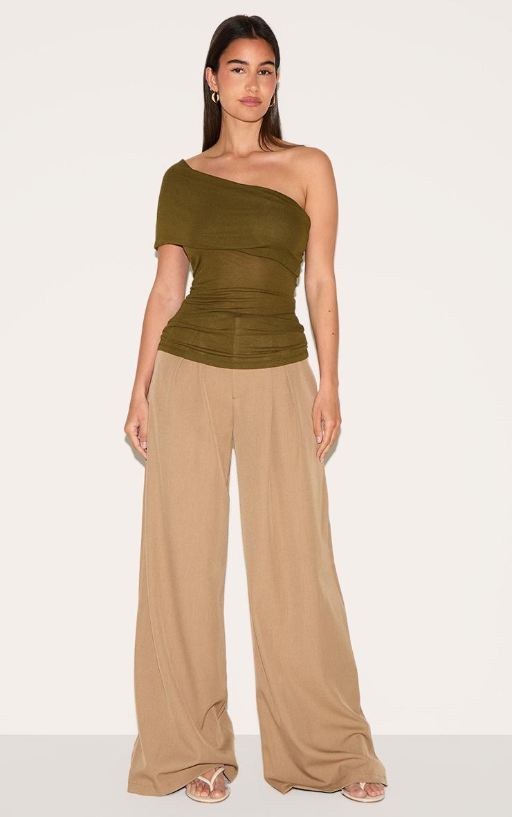 Olive Sheer Soft Touch Fold Over Detail One Shoulder Long Top Product Image