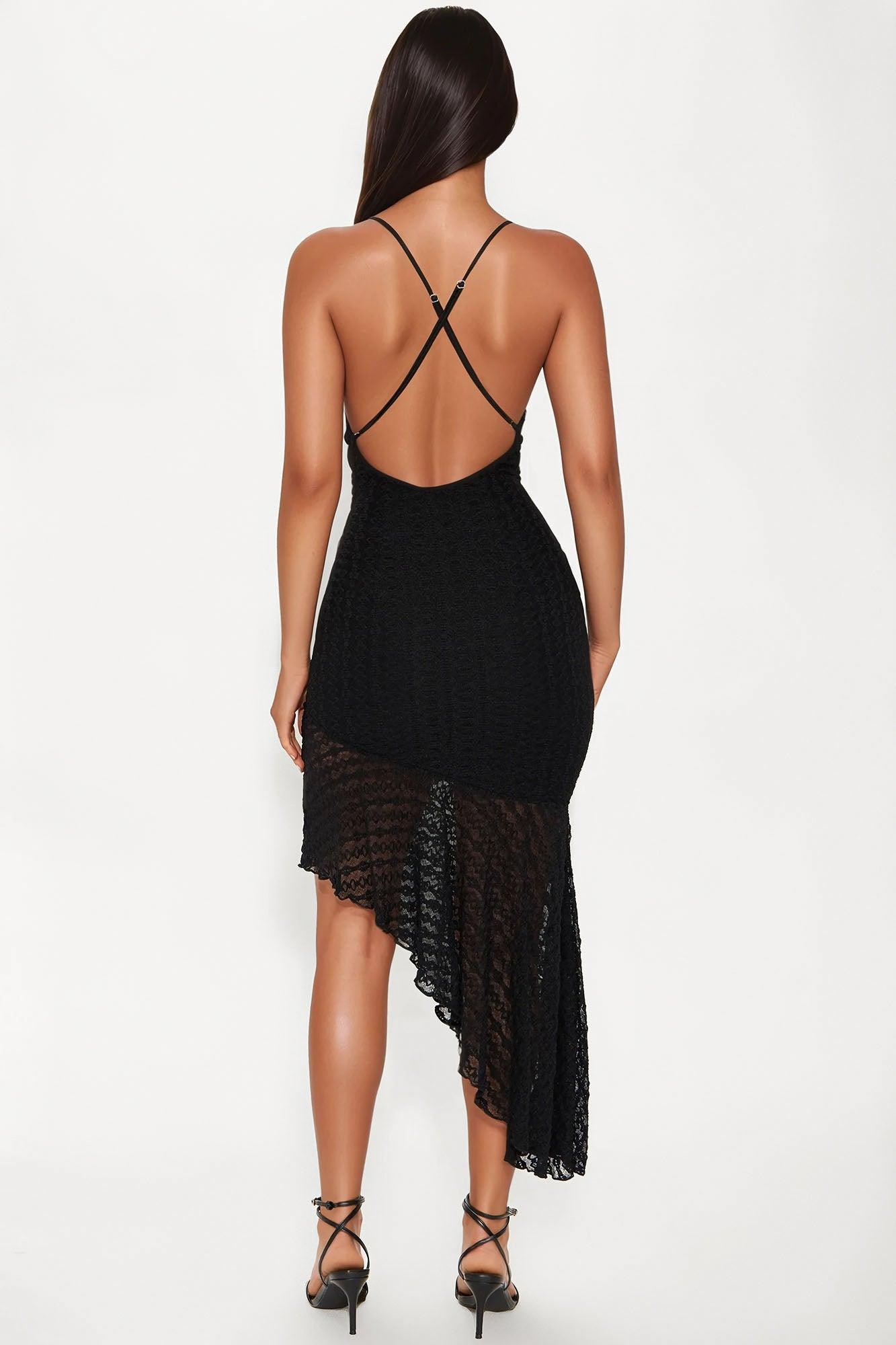 Send Me Flowers Asymmetrical Lace Midi  Dress - Black Product Image