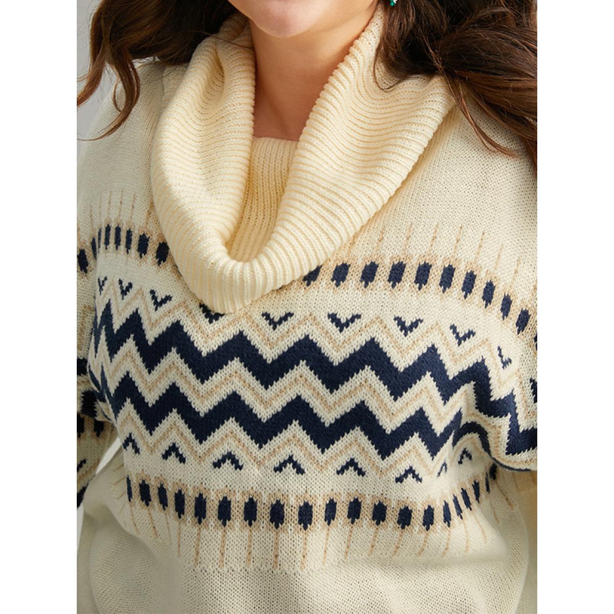 Plus Size Geometric Contrast Turtleneck Elastic Cuffs Pullover Ivory Women Casual Loose Long Sleeve Turtleneck Dailywear Pullovers BloomChic 18-20/2X Product Image