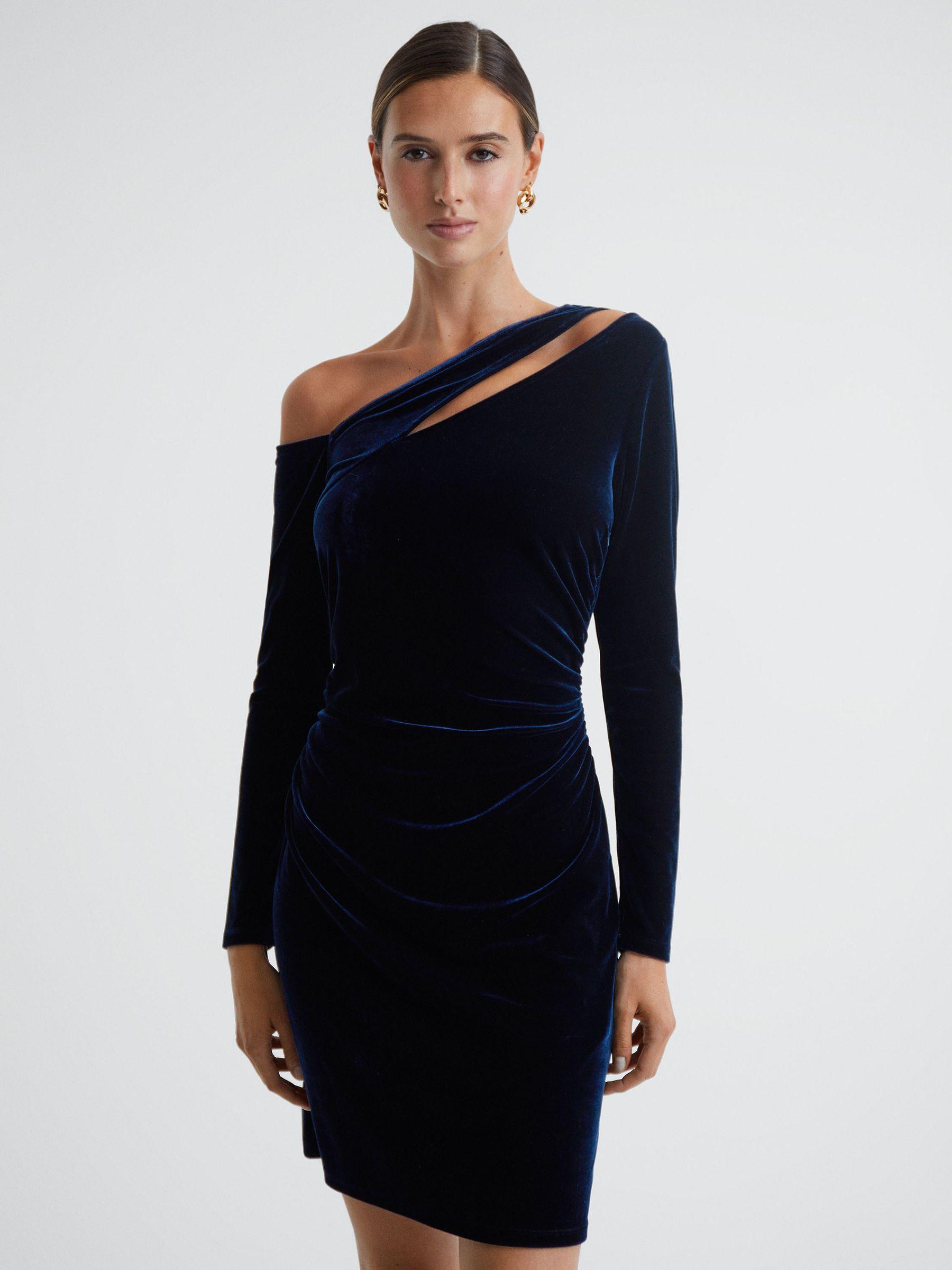 Velvet Off-The-Shoulder Mini Dress in Navy Product Image