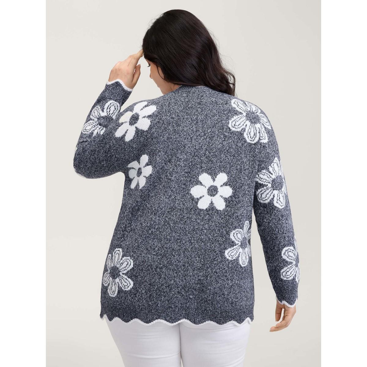 Plus Size Floral Pattern Open-Front Knitted Cardigan Plum Women Playful Loose Long Sleeve Casual Cardigans BloomChic 10/M Product Image