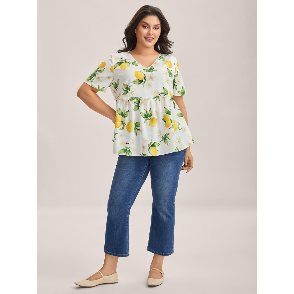 Plus Size WhiteSmoke Citrus Print Petal Trim Blouse Women Short sleeve V-neck Everyday-Casual Blouses BloomChic 12/L Product Image
