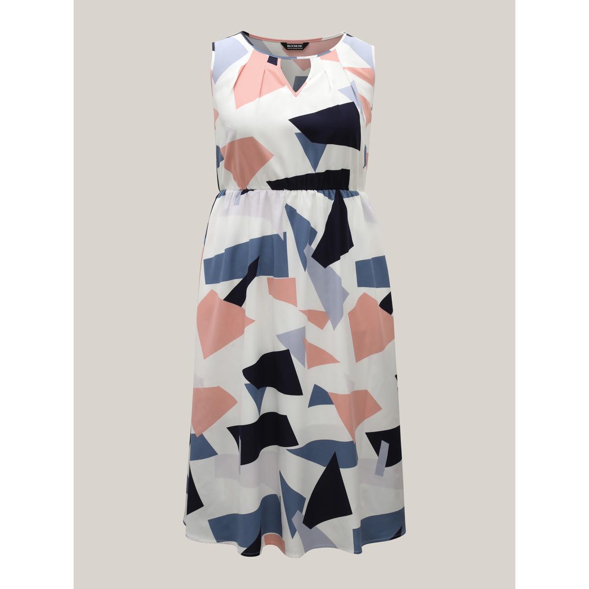 Plus Size Shapes Pattern Keyhole Pockets Midi Dress Multicolor Women Elegant Cut-Out Round Neck Sleeveless Curvy BloomChic 28/5X Product Image