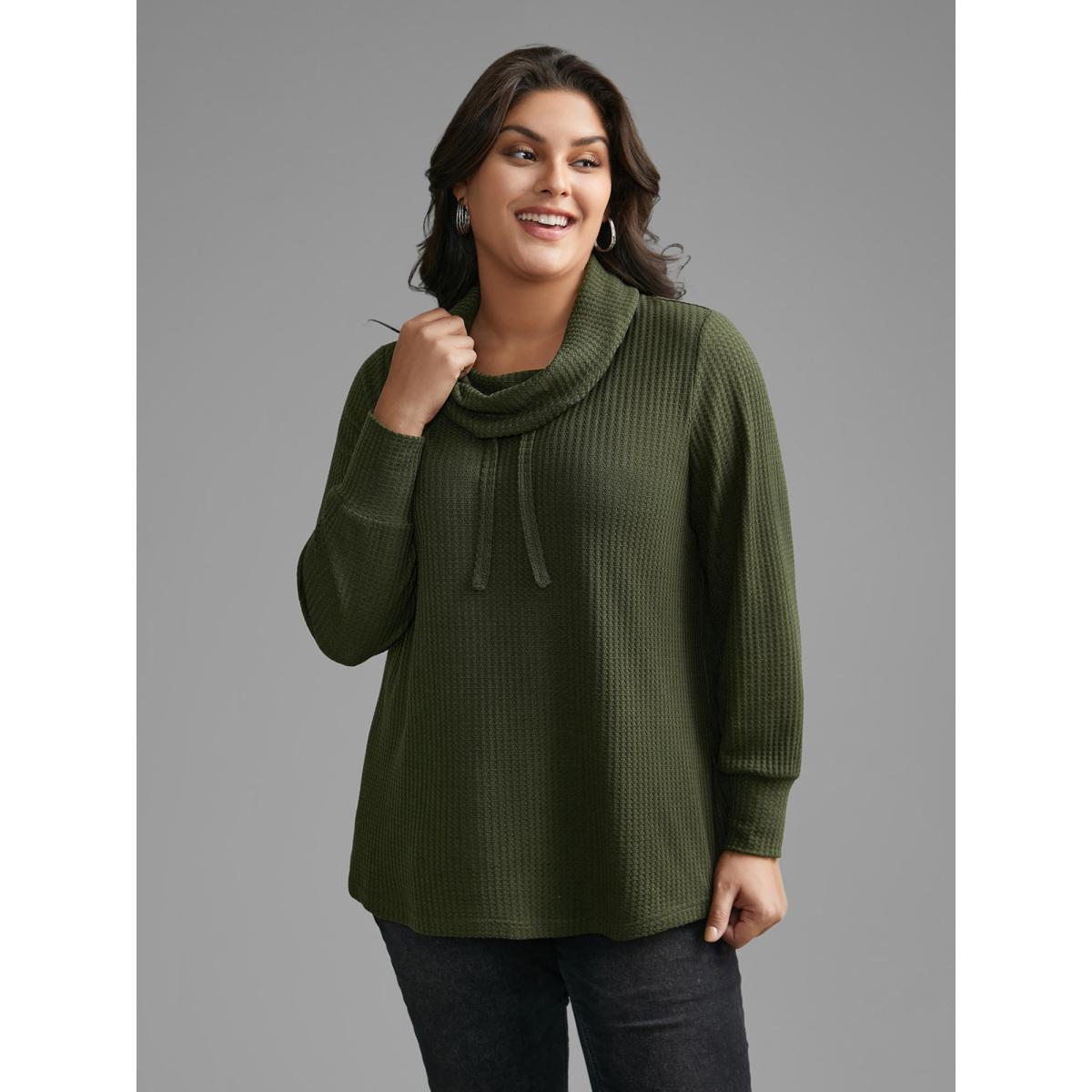 Plus Size Waffle Knit Turtleneck Drawstring T-shirt ArmyGreen Women Casual Texture Ruffled collar Everyday T-shirts BloomChic 30/6X Product Image