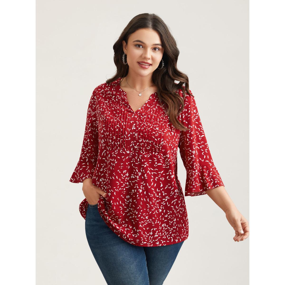 Plus Size Raspberry Toothpick Pleat Floral Notched Collar Shirt Women Elegant Elbow-length sleeve Notched collar Everyday Blouses BloomChic 10/M Product Image