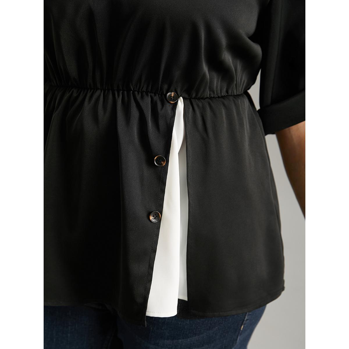 Plus Size Black Contrast Button Detail Tab Sleeve Blouse Women At the Office Elbow-length sleeve V-neck Office Blouses BloomChic 10/M Product Image