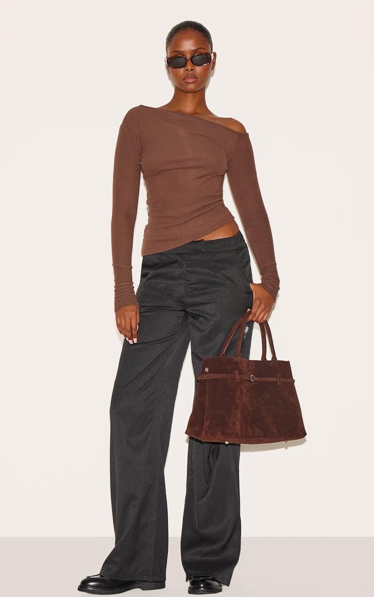 Chocolate Soft Touch Rib Asymmetric Long Sleeve Top Product Image