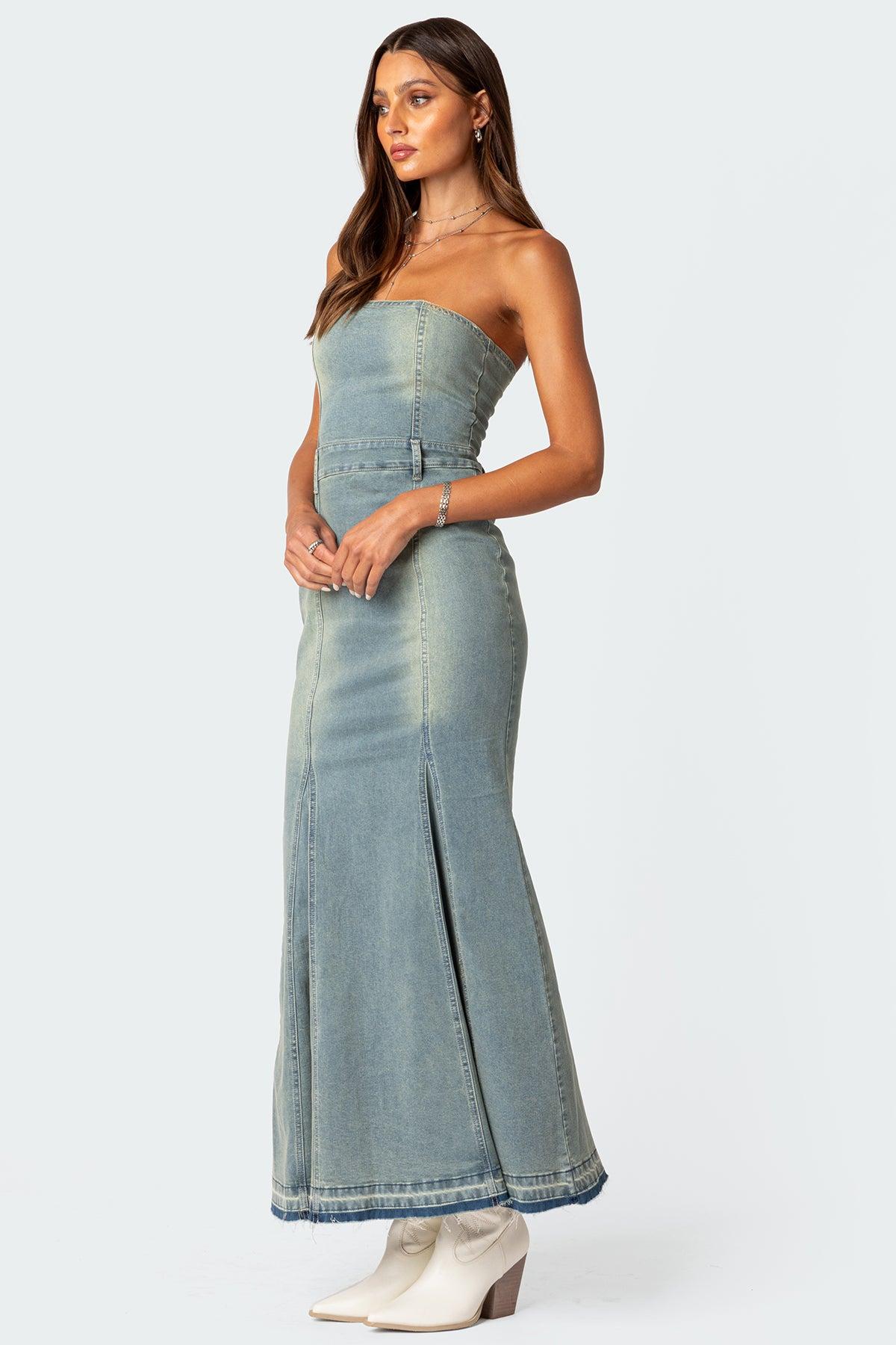 Astoria Slitted Denim Maxi Dress Product Image