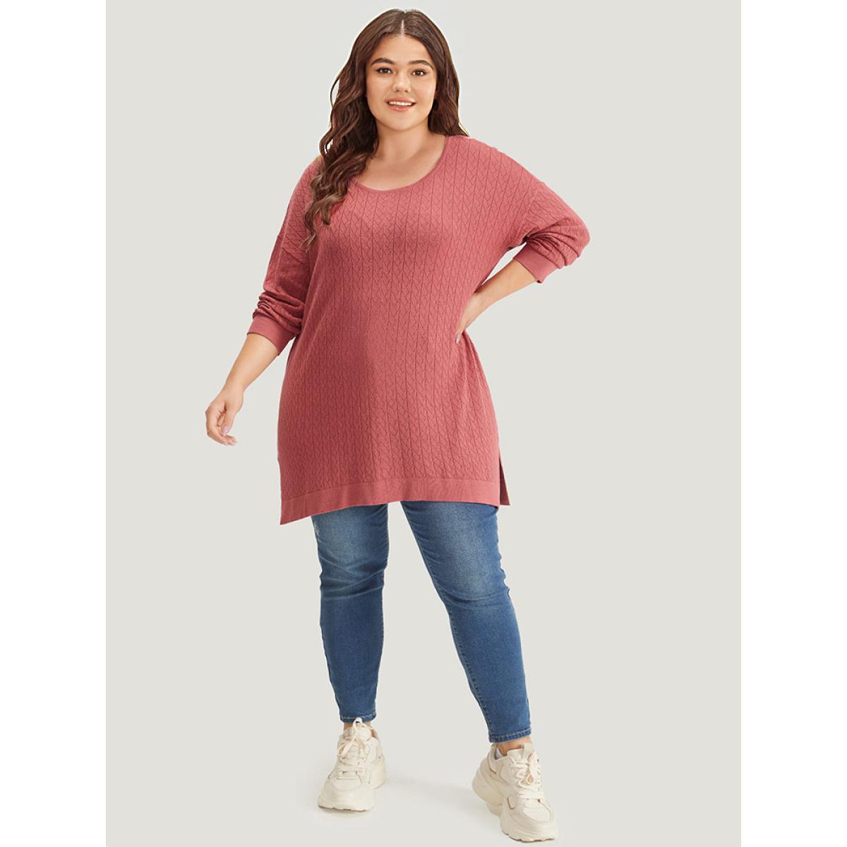 Plus Size Supersoft Essentials Geometric Split Side Loose Pullover Russet Women Casual Loose Long Sleeve Round Neck Everyday Pullovers BloomChic 26/4X Product Image