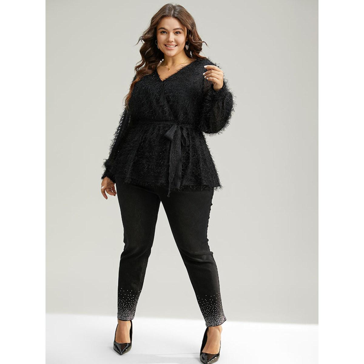 Plus Size Black Solid Tassel Mesh Patchwork Belted Wrap Blouse Women Glamour Long Sleeve Overlap Collar Festival-Christmas Blouses BloomChic 18-20/2X Product Image