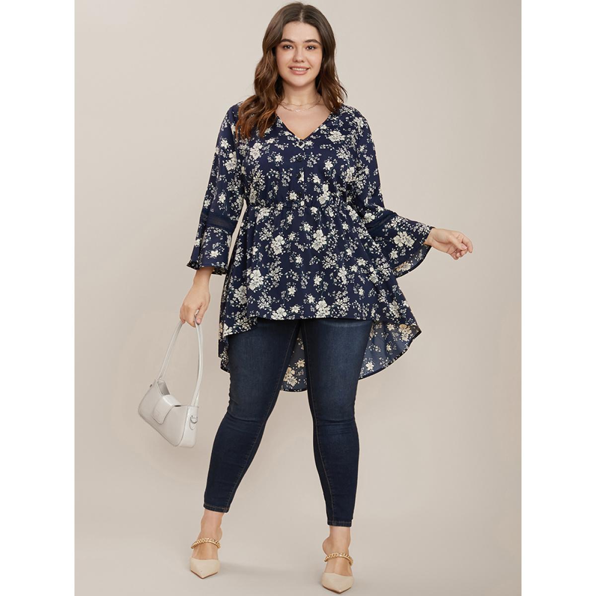 Plus Size Indigo Floral Bell Sleeve Button Through High Low Hem Blouse Women Elegant Elbow-length sleeve V-neck Dailywear Blouses BloomChic 26/4X Product Image