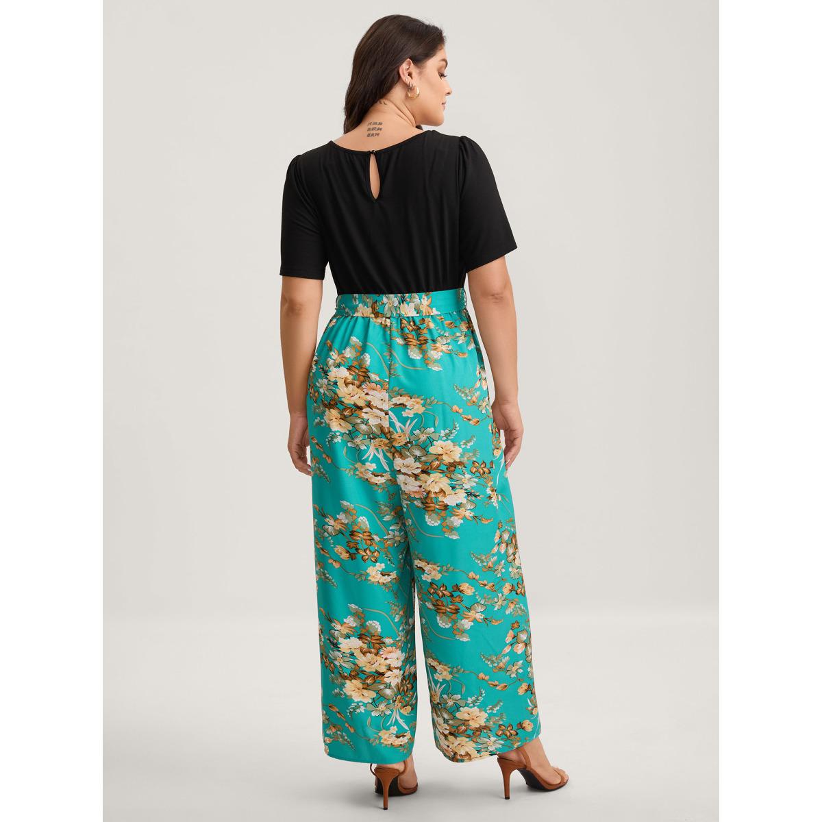 Plus Size Arctic Color Contrast Belted Panel Pockets Jumpsuit Women Timeless Short sleeve Square Neck Elegant Loose Jumpsuits BloomChic 10/M Product Image