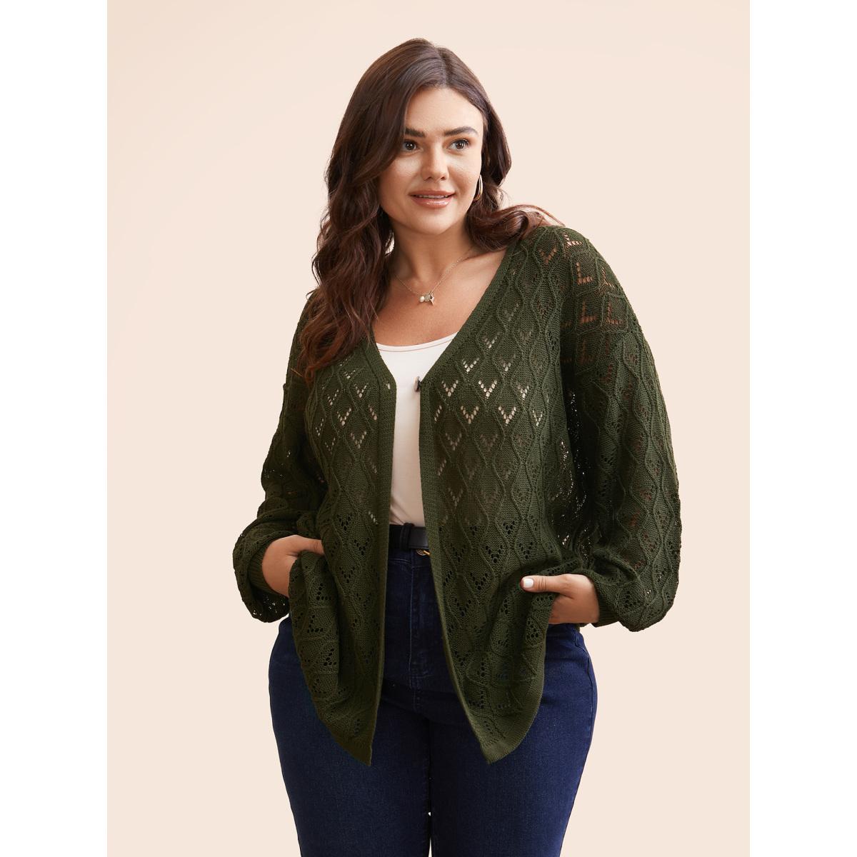 Plus Size Texture Button Up Hollow Out Cardigan ArmyGreen Women Casual Loose Three Quater Length Sleeve Everyday Cardigans BloomChic 12/L Product Image