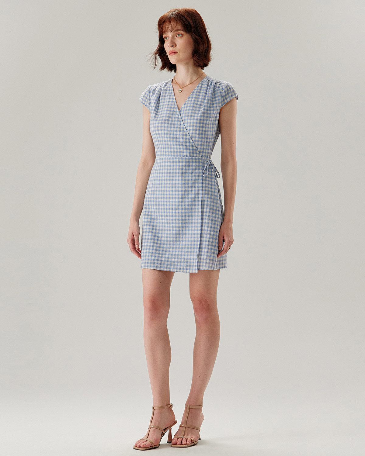 Blue Plaid Cap Sleeve Wrap Mini Dress Product Image