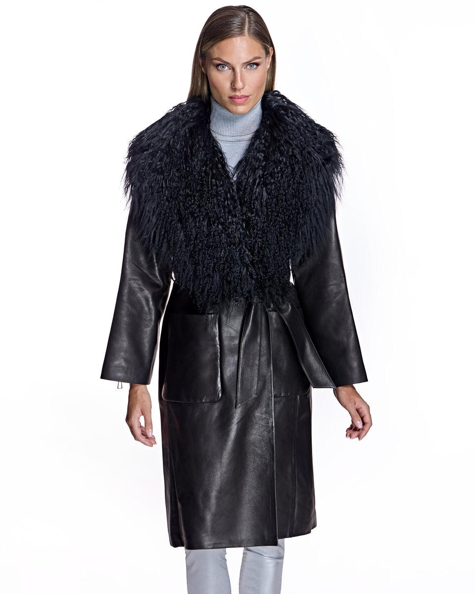 Julia & Stella by Maximilian Leather Wrap Coat with Dyed Mongolian Lamb Collar/Cuff (Maximilian) Product Image