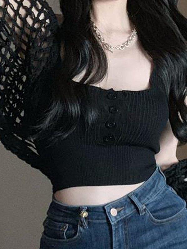 Open Front Hollow Out Crochet Knit Crop Top Product Image