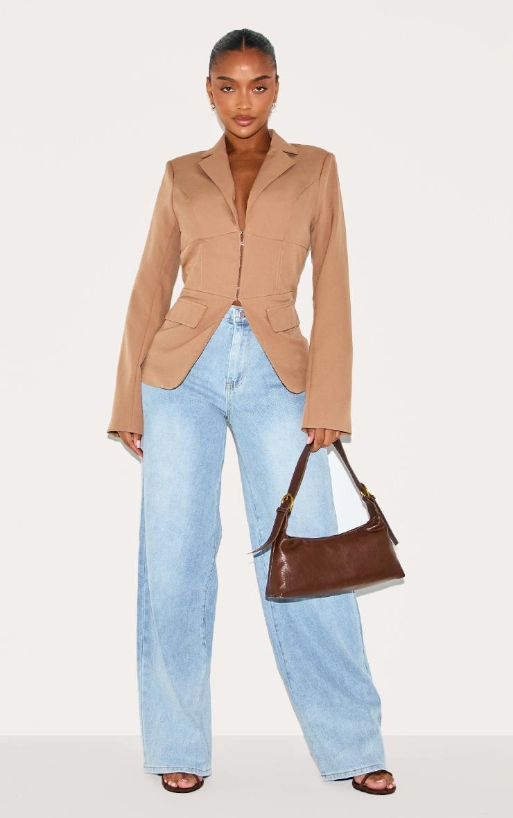 Shape Taupe Tailored Plunge Neck Cinched Waist Blazer Product Image