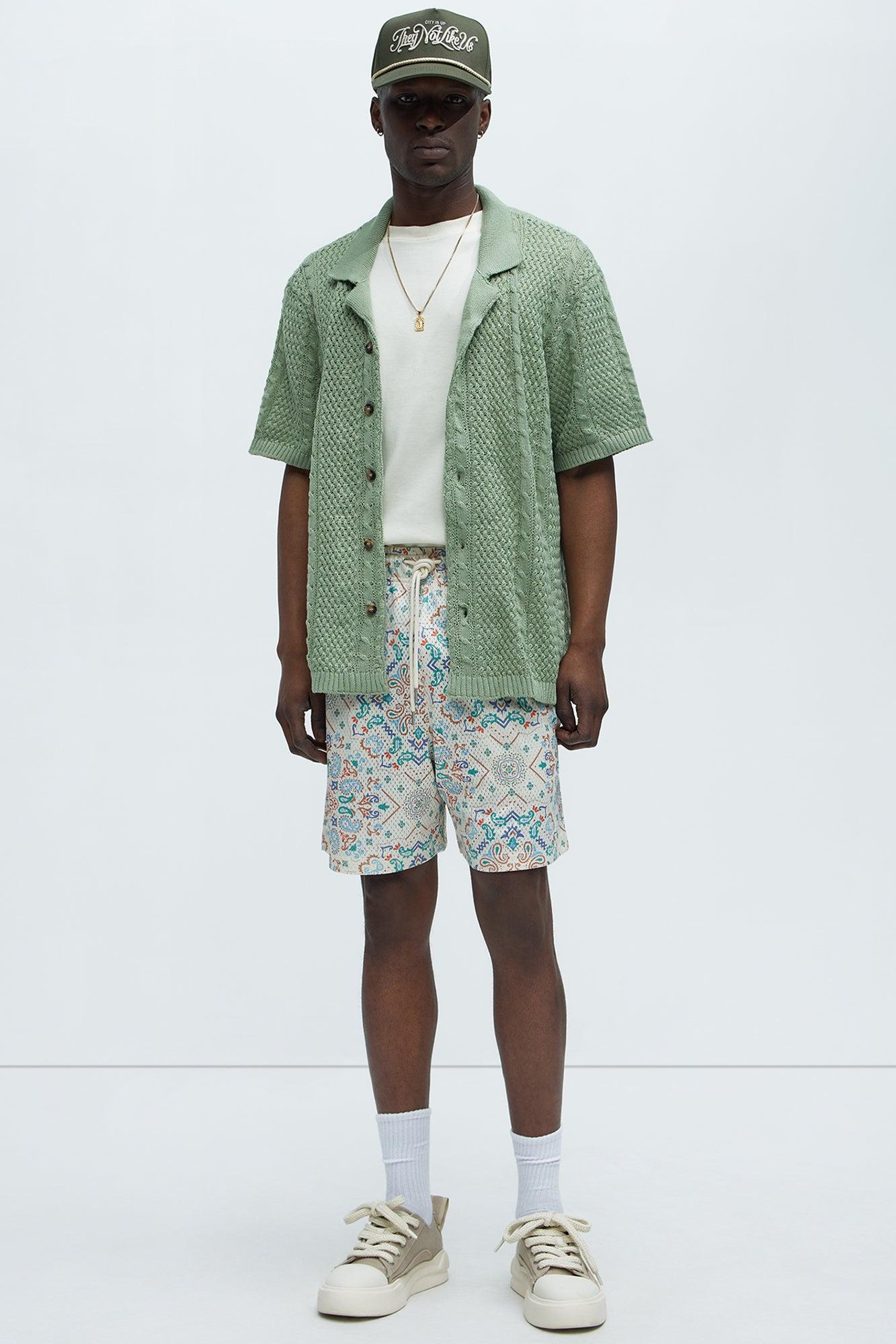 Unwind Cable Knit Short Sleeve Button Up - Sage Product Image