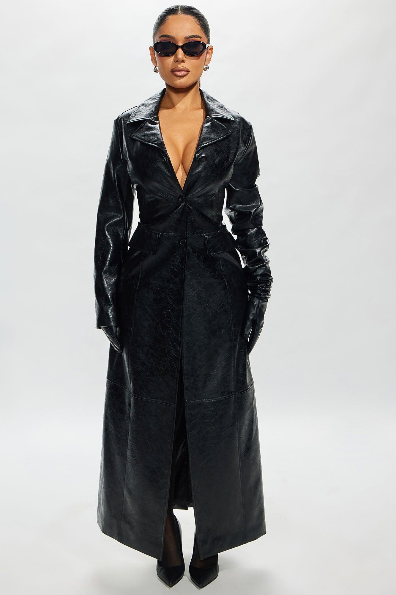 Helena Faux Leather Trench Coat - Black Product Image