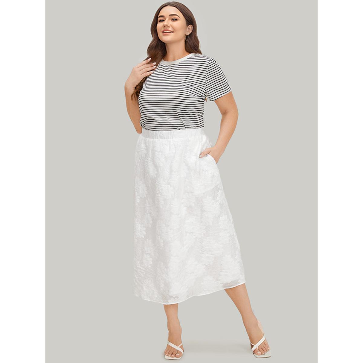 Plus Size Solid Floral Print Pocket Midi Skirt Women White Elegant Heather No stretch Pocket Dailywear Skirts BloomChic 10/M Product Image