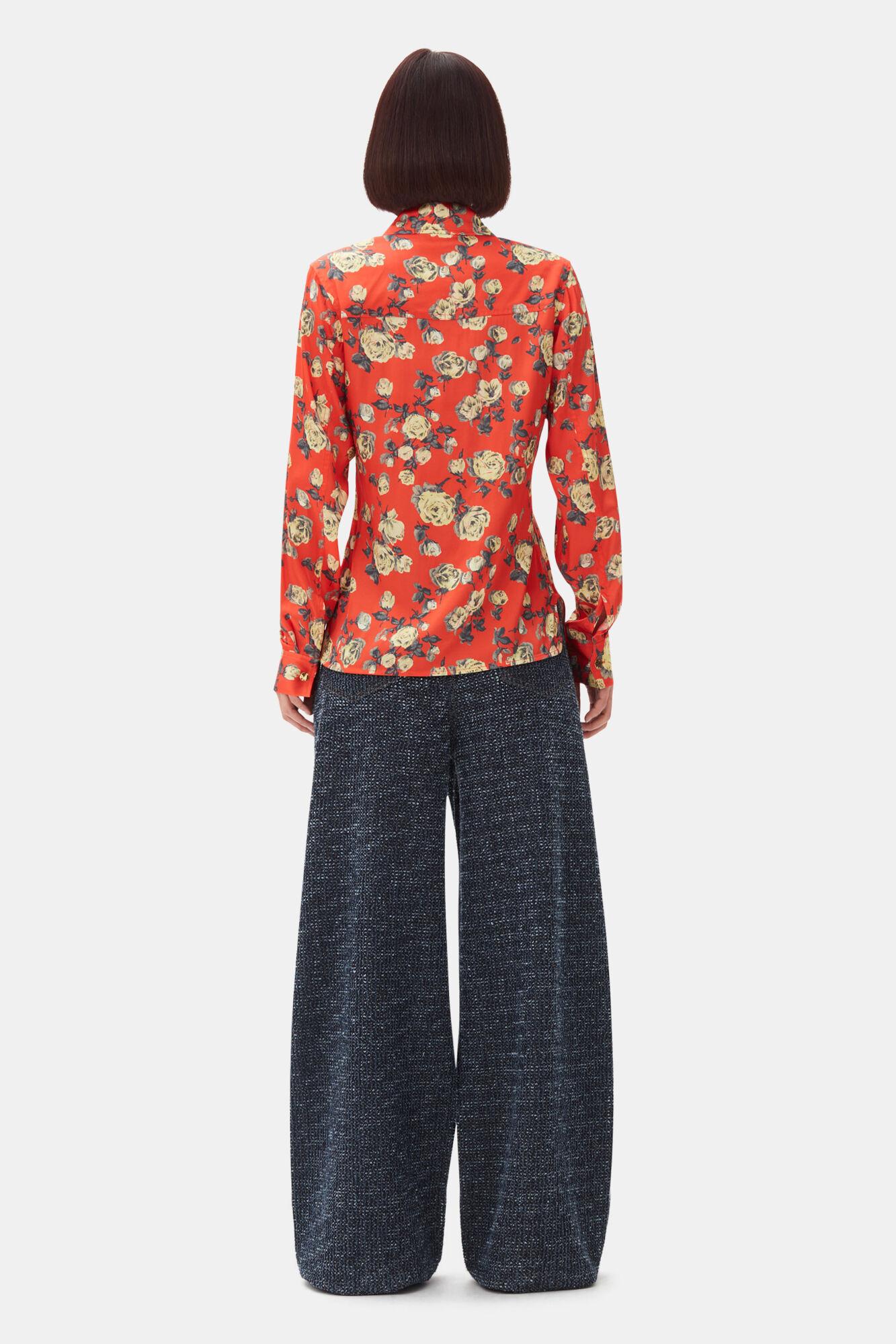 Orange Floral Printed Satin Shirt Product Image