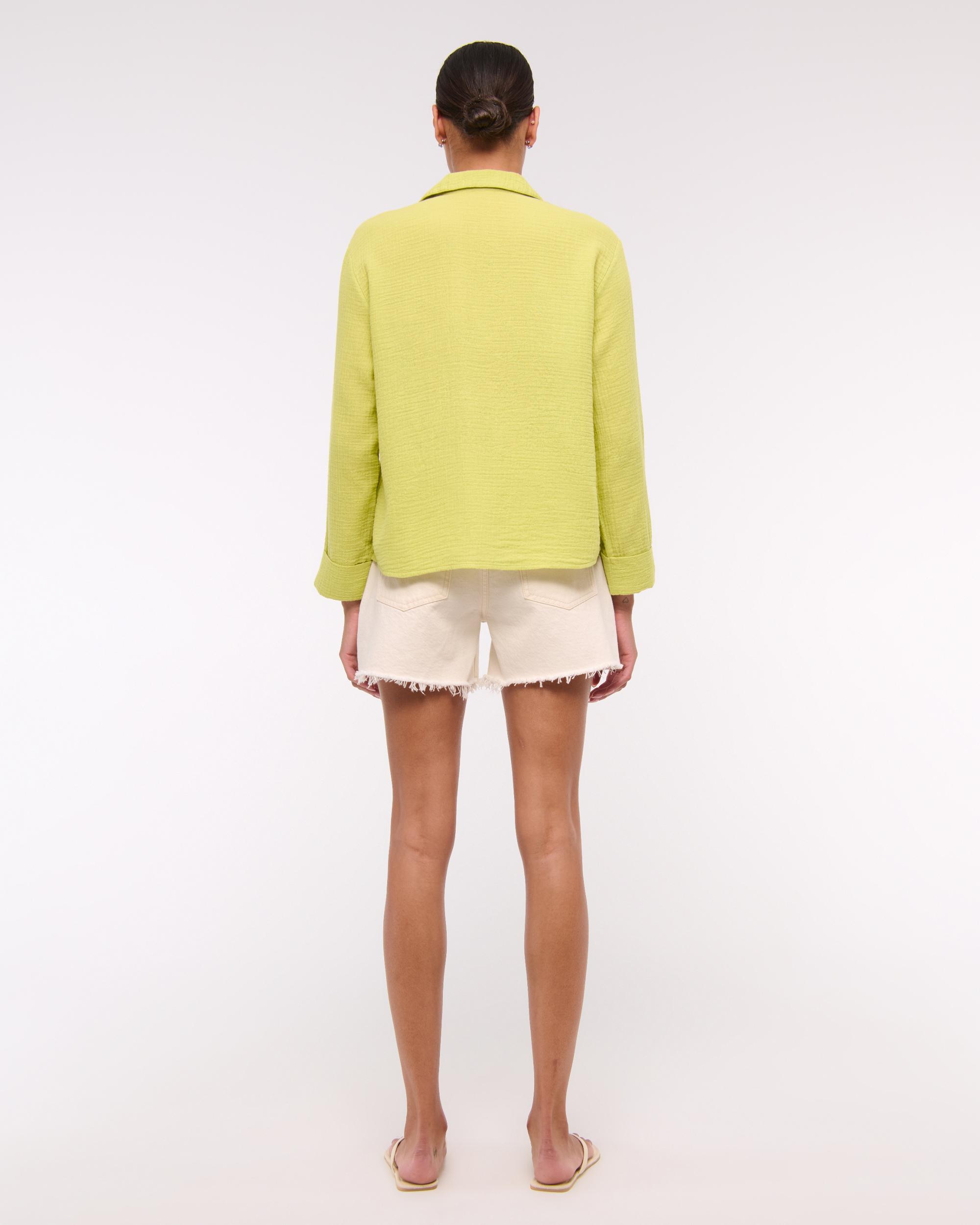 Long-Sleeve Oversized Tie-Front Gauzy Shirt Product Image