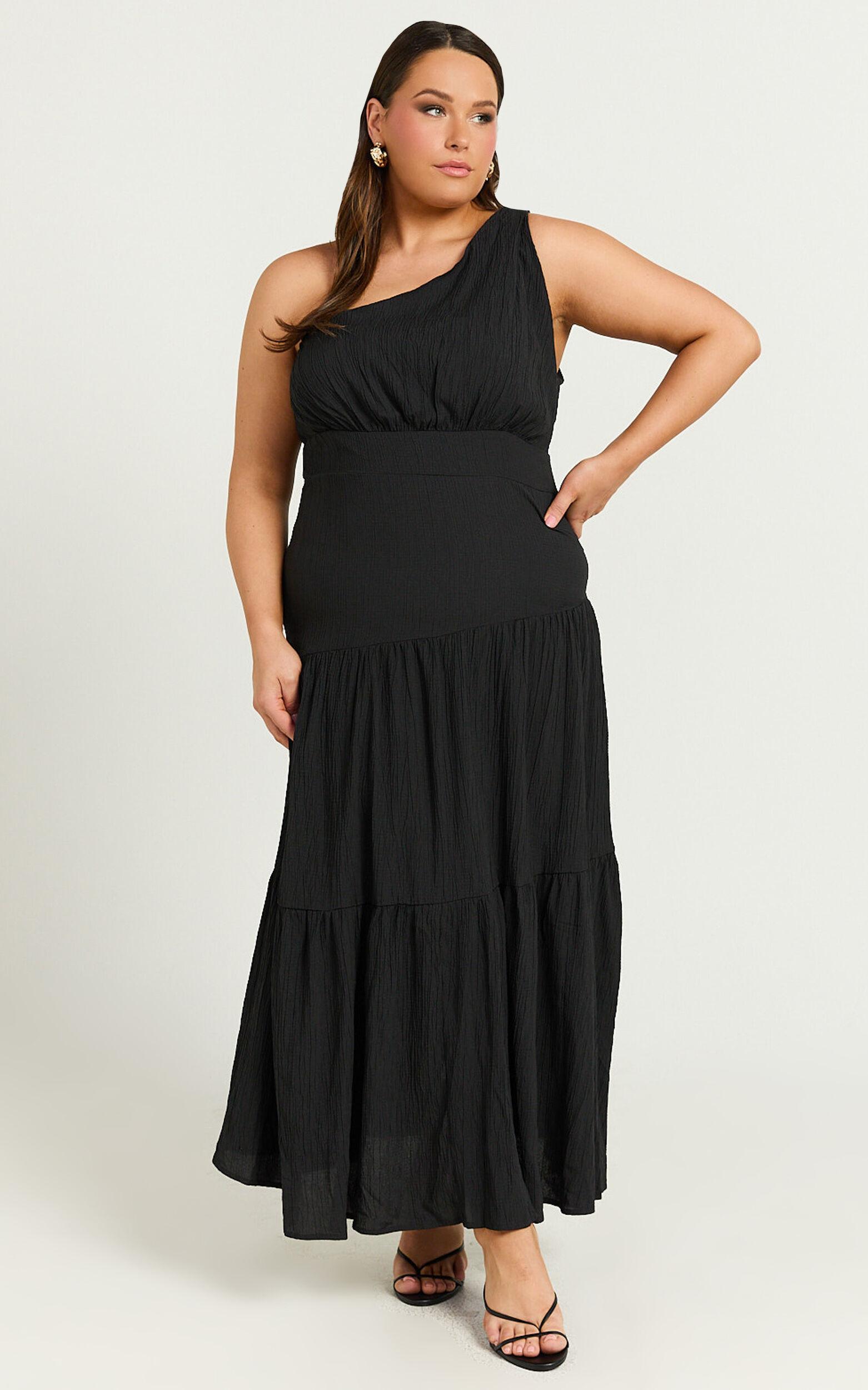 Celestia Midi Dress - Tiered One Shoulder Dress in Black Product Image