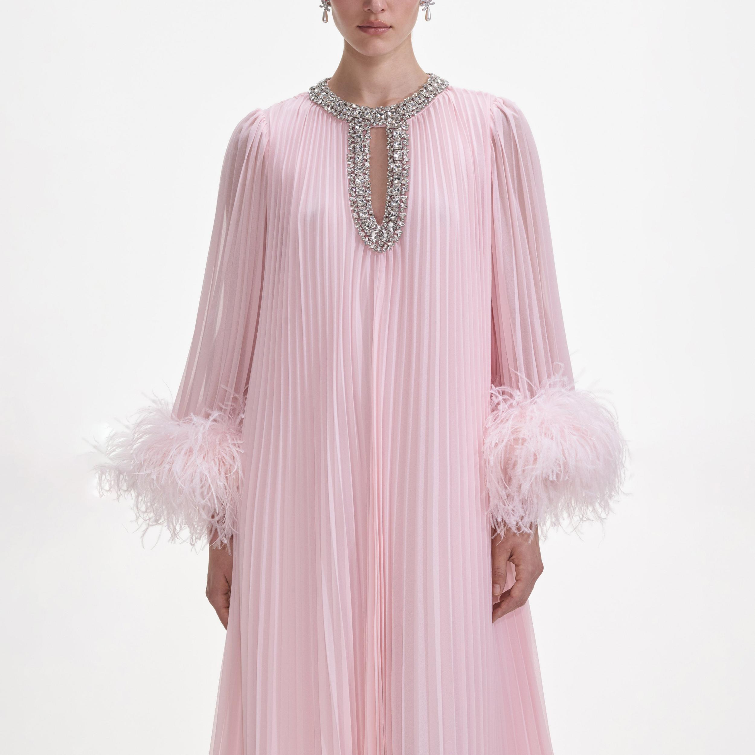 Pink Chiffon Feather Midi Dress Product Image