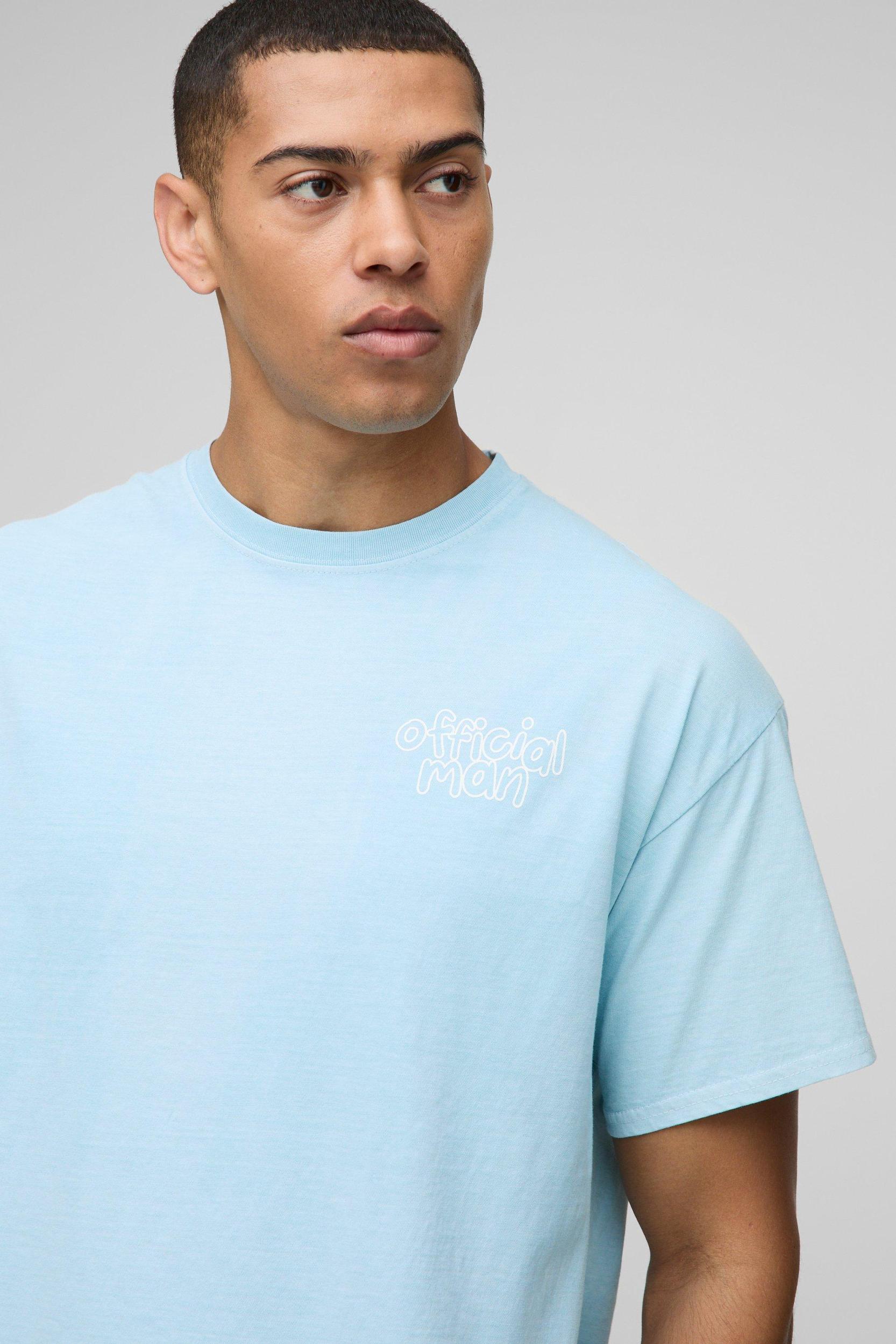 Washed Blue Oversized Official Man Puff Print T-Shirt | boohooMAN USA Product Image