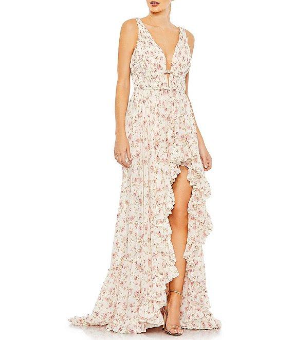 Mac Duggal Floral Print Sleeveless Ruffle Tiered High-Low Plunging V-Neck Gown Product Image