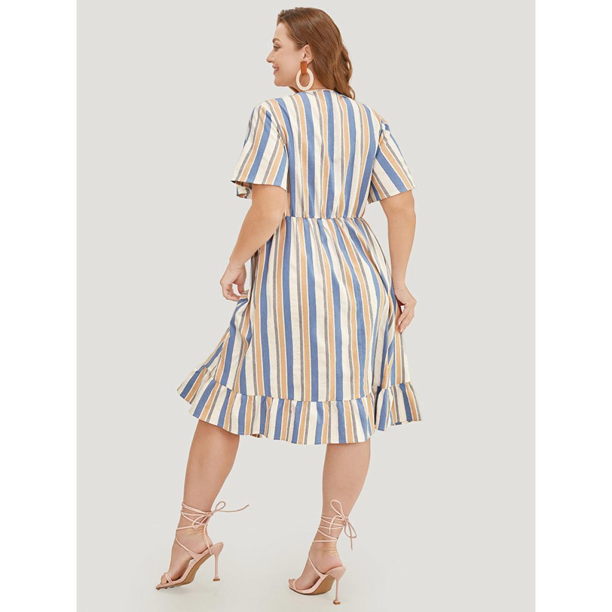 Plus Size Striped Print Button Detail Pocket Flutter Hem Dress Stone Women Vacation Contrast V-neck Short sleeve Curvy Midi Dress BloomChic 18-20/2X Product Image