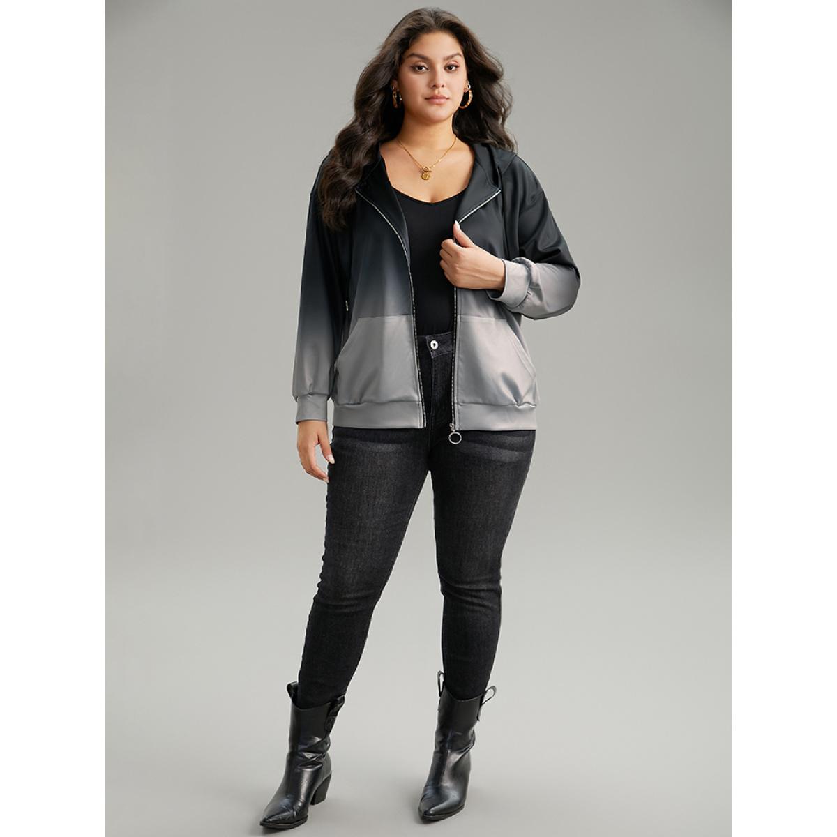 Plus Size Ombre Contrast Zipper Pocket Drawstring Jacket Women Gray Contrast Pocket Dailywear Jackets BloomChic 18-20/2X Product Image