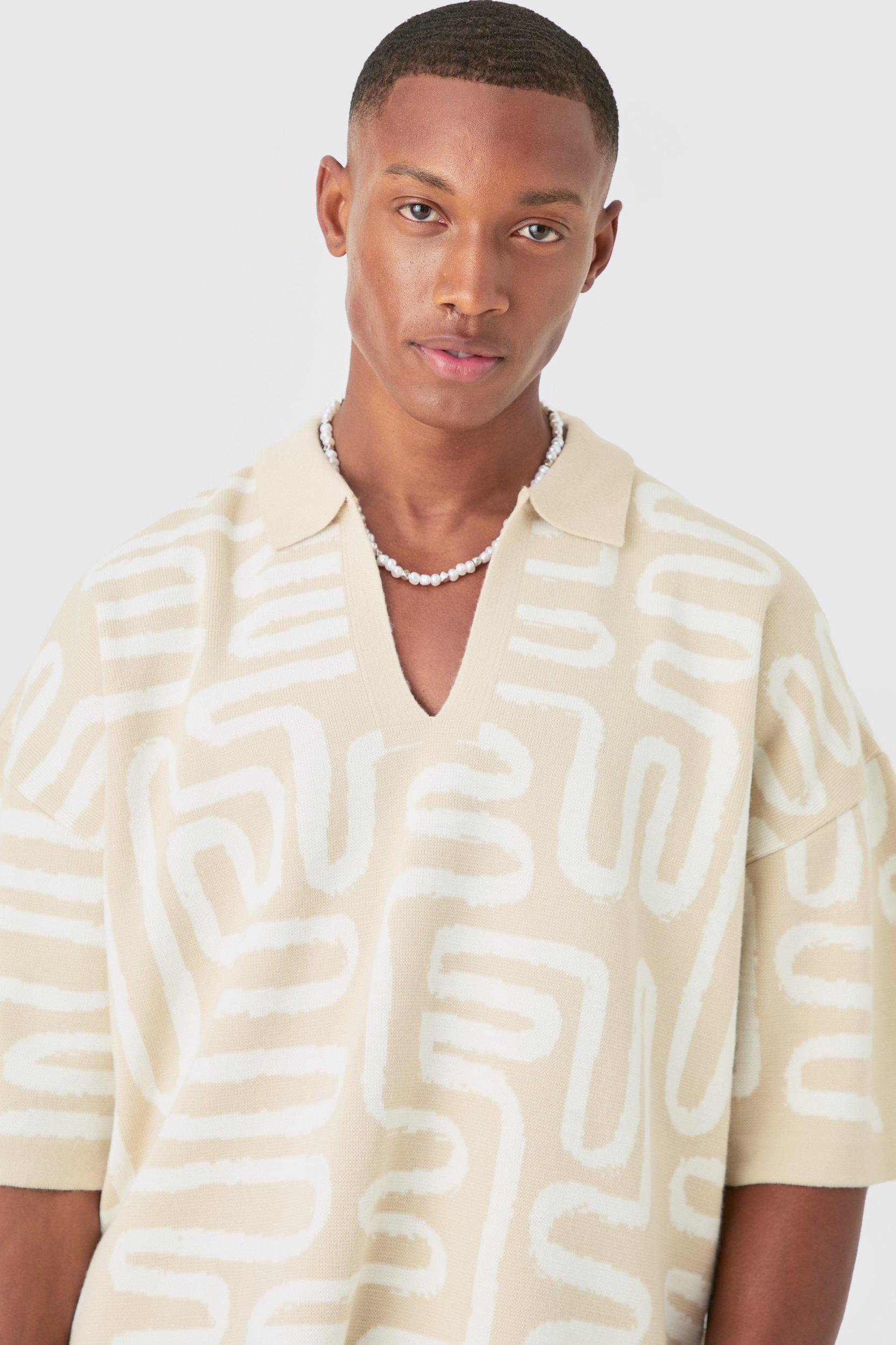 Boxy Oversized Abstract Knit Polo | boohooMAN USA Product Image