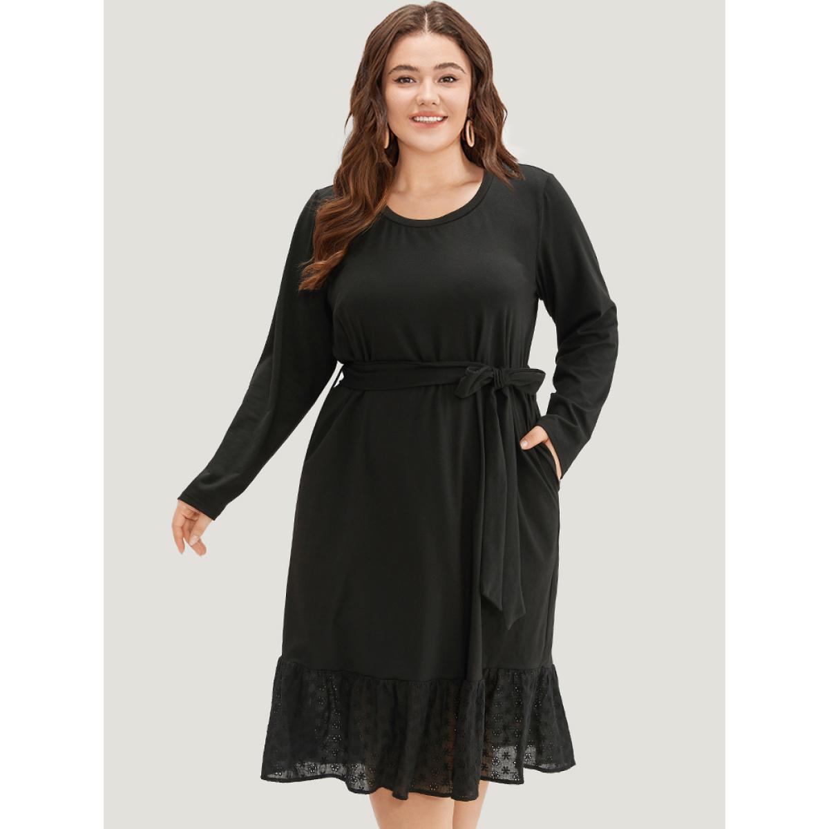 Plus Size Broderie Anglaise Round Neck Belted Flutter Hem Dress Black Women Casual Plain Round Neck Long Sleeve Curvy Midi Dress BloomChic 22-24/3X Product Image