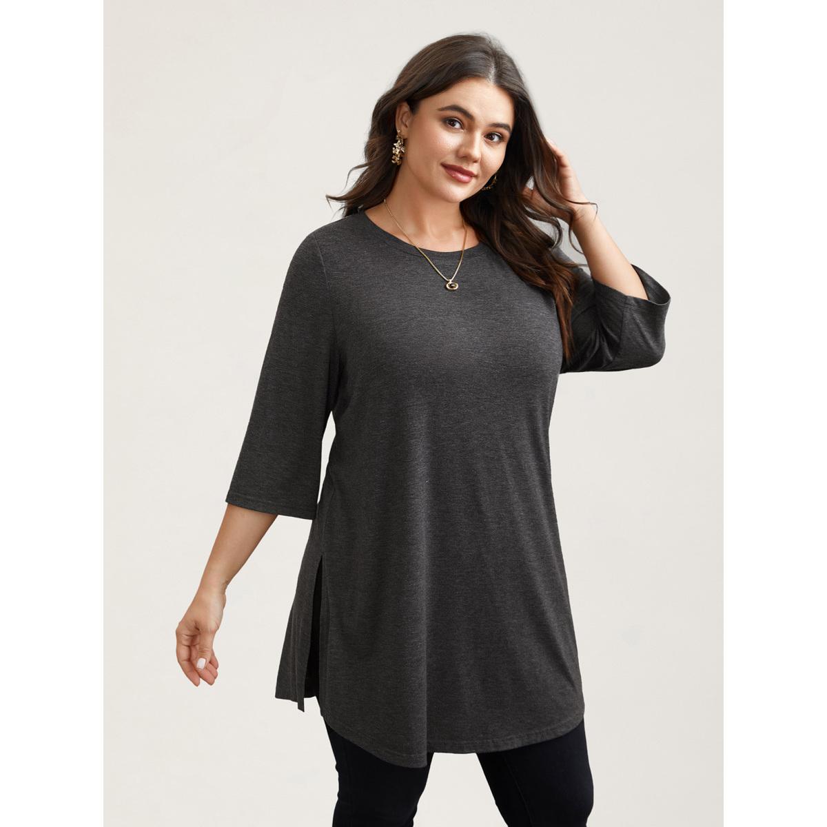 Plus Size Solid Slit Round Neck Tunic T-Shirt DimGray Women Leisure Slit Round Neck Loose Casual T-shirts BloomChic 22-24/3X Product Image