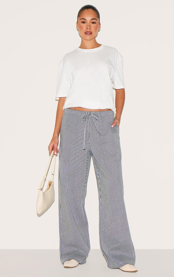  Blue Mid Rise Tie Waist Pinstripe Denim Pant Product Image