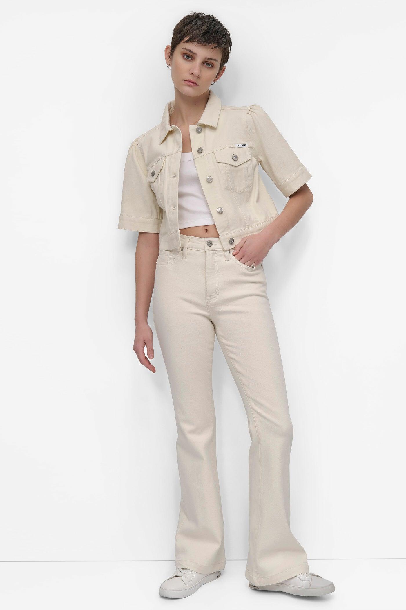 CROP PUFF SLEEVE DENIM JACKET Product Image