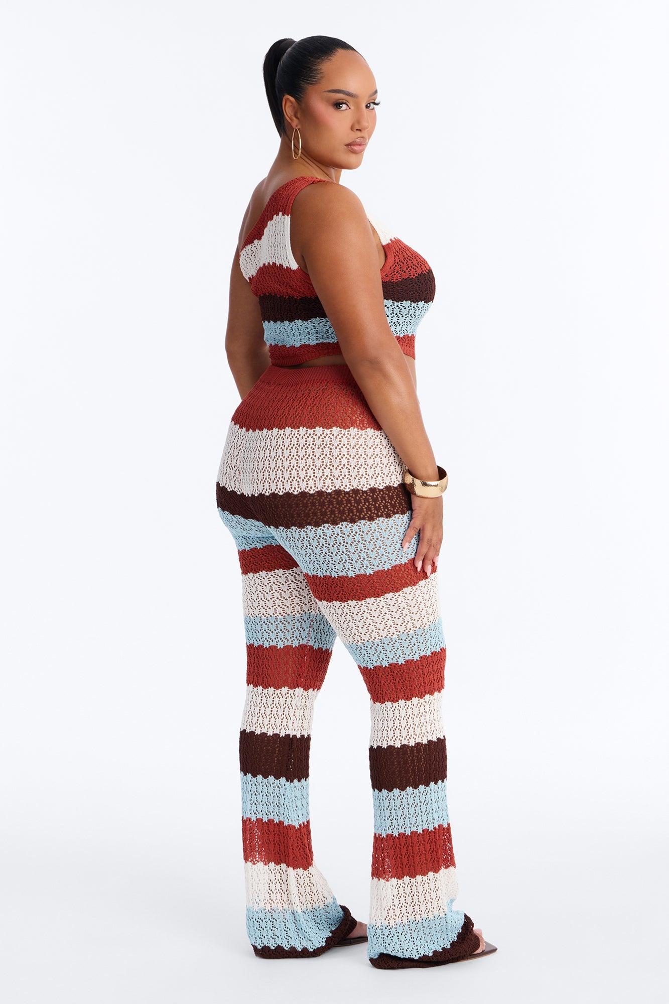 Cabo Striped One Shoulder Crochet Pant Set - White/combo Female Product Image