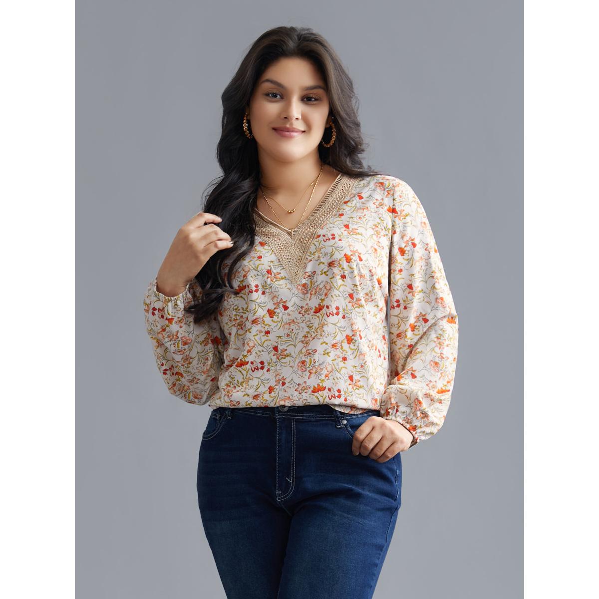 Plus Size Multicolor V Neck Ditsy Floral Contrast Webbing Blouse Women Elegant Long Sleeve V-neck Everyday Blouses BloomChic 14-16/1X Product Image