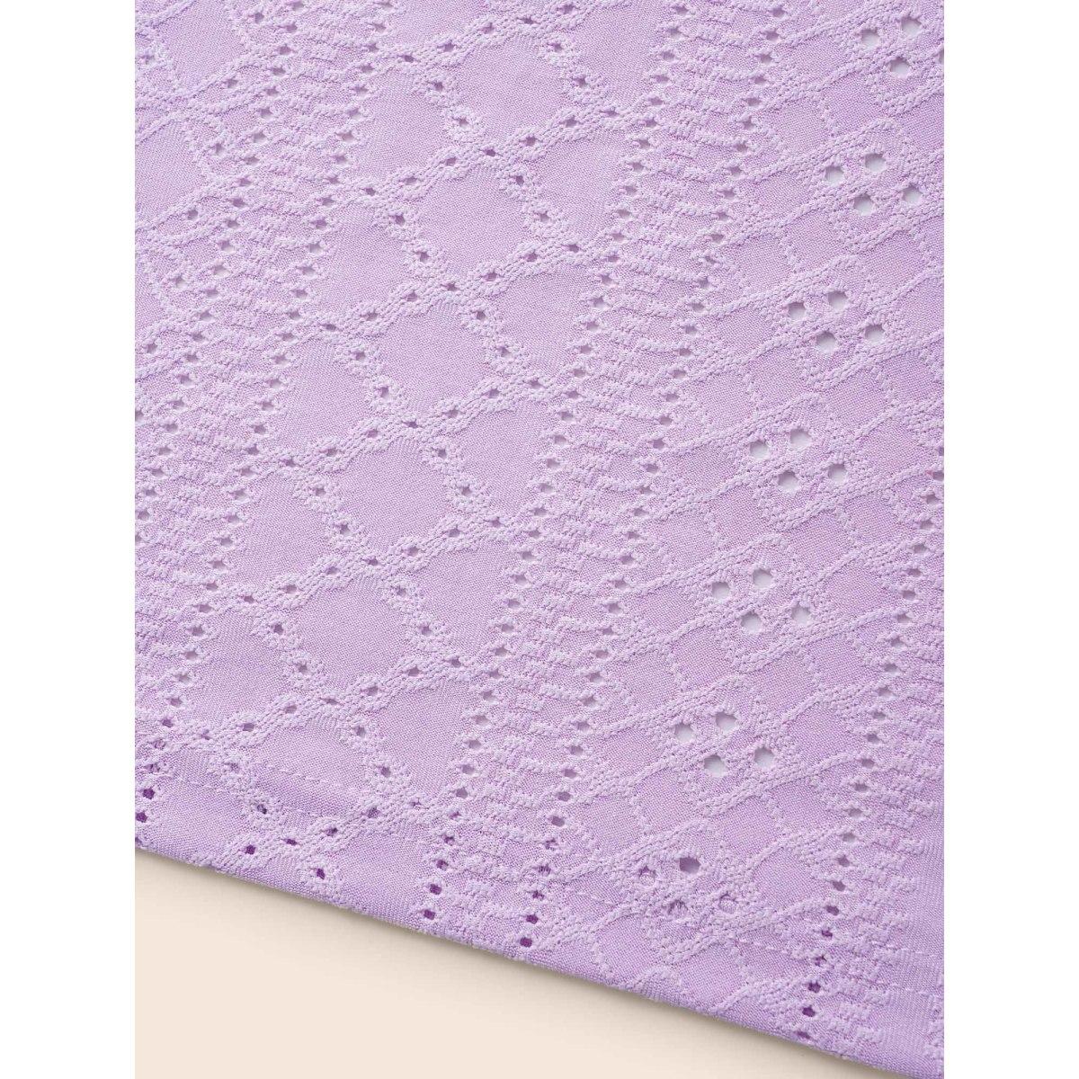 Plus Size Solid Round Neck Broderie Anglaise T-shirt Lavender Women Elegant Woven ribbon&lace trim Round Neck Everyday T-shirts BloomChic 12/L Product Image