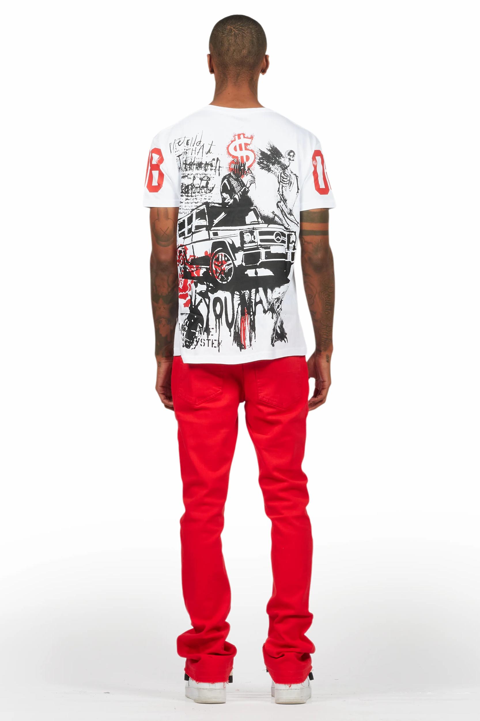 Grill White/Red Oversized Graphic T-Shirt/Dag Stacked Flare Jean Set Male Product Image