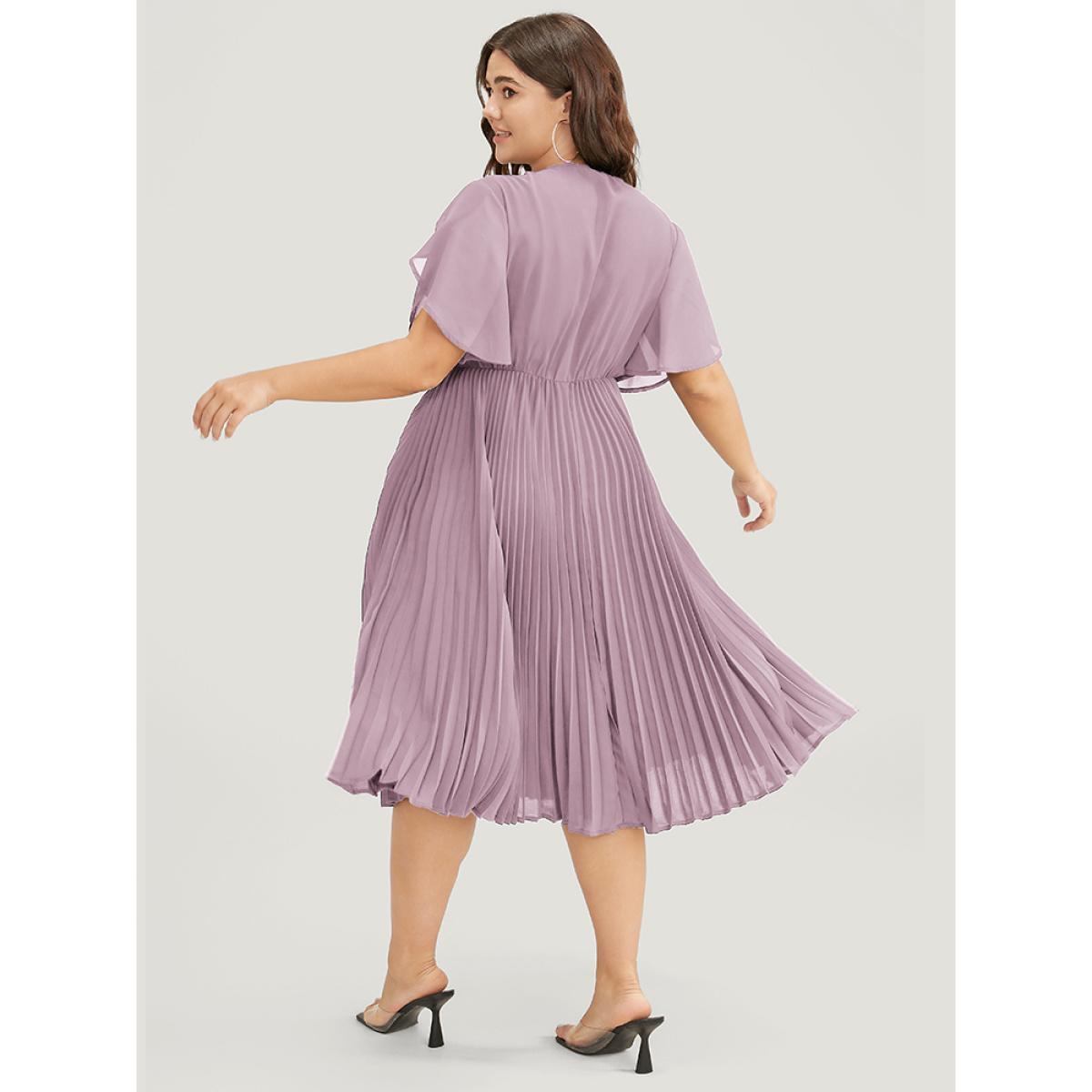 Plus Size Solid Keyhole Split Chiffon Petal Sleeve Pleated Hem Dress Mauve Women Office Plain V-neck Short sleeve Curvy Midi Dress BloomChic 22-24/3X Product Image